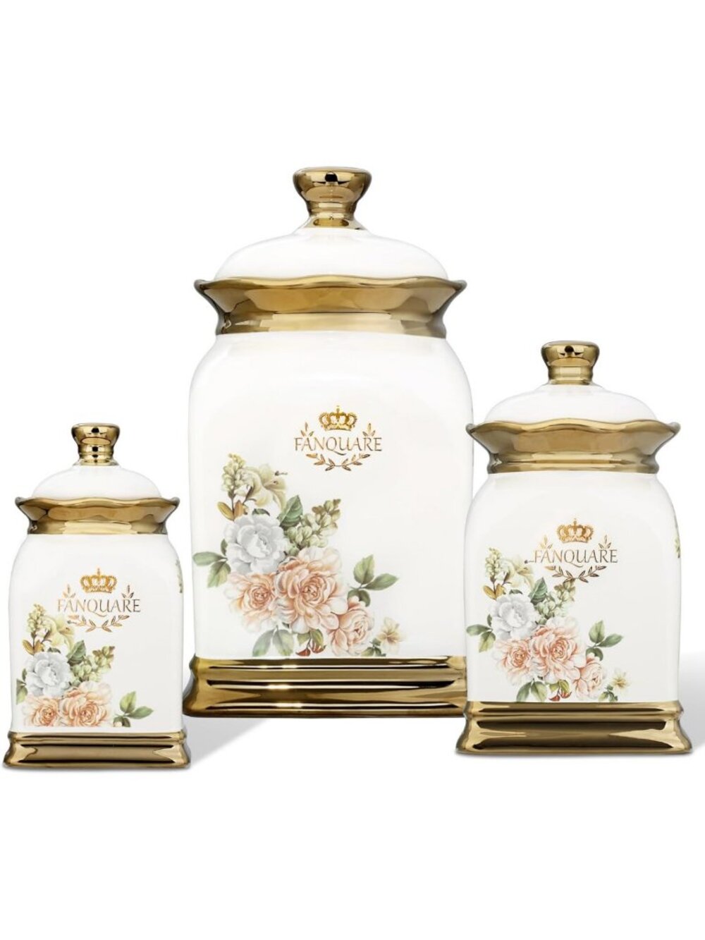 Floral Ceramic Canisters Set with Gold Trim - Decorative Farmhouse Cookie